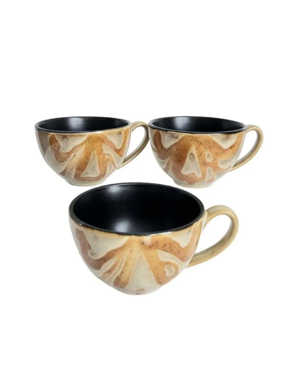 Set Of 3 Pier 1 Kioko Tea Coffee Cup and Saucers Tan Black Interior Boho Cottage